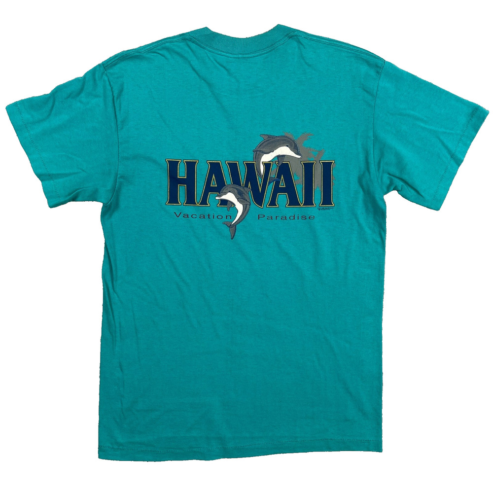 Vintage Oneita Hawaii Shirt Medium Green 80s Tourist Tee Single Stitch Dolphins